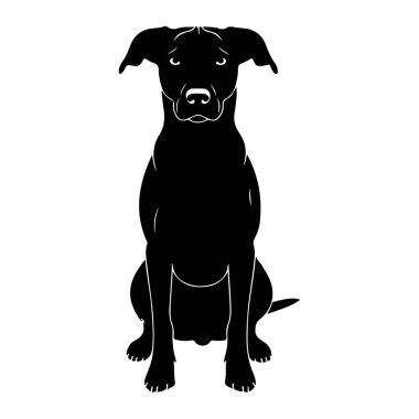 Siyah bir köpek silueti beyaz bir arka plana karşı karşıya oturur. Köpeğin sarkık kulakları, belirgin bir burnu, görünür bir burnu, ağız hatları ve üzgün bakışları var. Ön pençeleri görünür ve kuyruğu hafifçe sıkıştırılmış. Outlin.