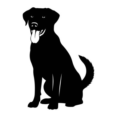 Beyaz bir arka planda siyah bir köpek silueti oturuyor. Köpeğin ağzı açık ve dili dışarı sarkmış, nefes nefese ya da mutlu olduğunu gösteriyor. Kulakları sarkık ve kuyruğu kavisli. Gözler küçük beyaz şekiller olarak görülebilir.