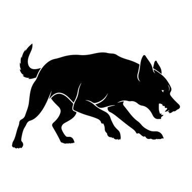 Bir köpeğin siyah silueti saldırgan ve hırıltılı bir duruşla tasvir edilir. Ağzı açık, keskin dişleri var ve vücudu yere yakın, bu da saldırıya hazır olduğunu gösteriyor. Köpeğin kulakları öne dönük, kuyruğu kalkık ve dik.