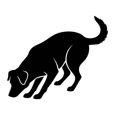 Bir köpeğin siyah bir silueti düşük bir duruş içinde tasvir edilir, başını yere doğru eğerek sanki kokluyor gibi. Köpeğin kuyruğu yukarı doğru kıvrımlıdır ve vücudu biçimini gösteren ince beyaz çizgilerle çizilmiştir. Görüntü bir pla 'ya karşı ayarlandı