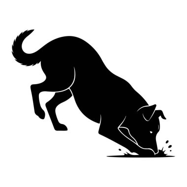 Bir köpeğin siyah silueti hareket halinde tasvir edilir, başı yere eğik olarak. Pençelerinin etrafında su damlaları görülüyor. Bu da su birikintisinde oynadığını ya da kokladığını gösteriyor. Köpeğin kuyruğu yukarı doğru kıvrılmış ve kulakları tetikte. Hastalar.