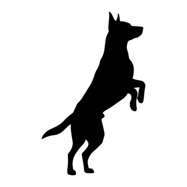 Arka ayaklarının üzerinde duran siyah bir köpek silueti tasvir edilir. Köpek ön pençelerini kaldırır ve vücudu hafifçe açılıdır. Siluet, düz beyaz bir arkaplana karşı keskin ve temiz..