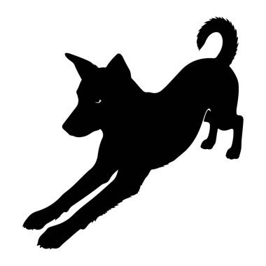 Bir köpeğin siyah silueti dinamik bir esneme pozuyla bembeyaz bir arka plana karşı tasvir edilir. Köpeğin gövdesi uzamış, ön bacakları öne doğru uzamış ve arka bacakları bükülmüştür. Kuyruğu yukarı doğru kıvrılır ve kulakları kabarır şekerim.