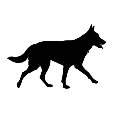 Bir köpeğin siyah silueti profilde betimlenir, sade beyaz arka planda soldan sağa doğru yürür. Köpek kulakları yukarıya dönük ve dili hafifçe genişlemiş bir şekilde tetikte görünür. Boynunda görünür bir tasma var ve...
