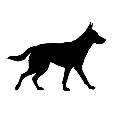 Bir köpeğin siyah silueti profilde betimlenir, sade beyaz arka planda soldan sağa doğru yürür. Köpek, dikleşmiş kulakları ve hafifçe yukarı doğru tutulan bir kuyruğu olan orta ve büyük bir cins gibi görünüyor. Bacakları büyük bir adımın tam ortasındadır.