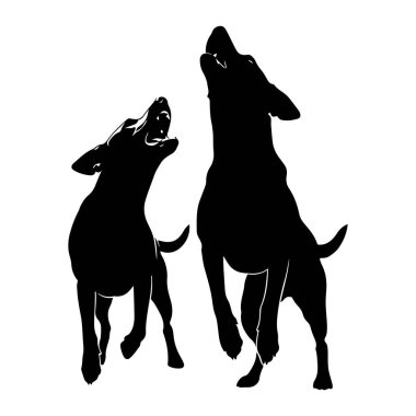Beyaz arka planda iki siyah köpek silueti tasvir edilir. Her iki köpek de sıçrayışın ortasında, kafaları arkaya eğilmiş ve ağızları havlıyor ya da uluyor gibi açık. Vücutları dinamik pozlarda kıvrılmış, enerjik bir hareket hissi yayıyor.
