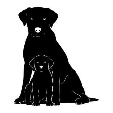 Büyük bir Labrador köpeğinin siyah bir silueti daha küçük bir Labrador köpeğinin arkasında duruyor. Her iki köpek de patileri görünür bir şekilde öne bakıyor. Bu resim, köpeklerin şekillerini vurgulayan beyaz hatlı, temiz ve grafik bir tasvirdir.