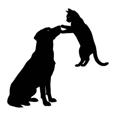 Siyah bir köpek silueti oturuyor ve arka ayakları üzerinde duran bir kediye bakıyor. Kedi pençesini köpeğin burnuna doğru uzatıyor, ve köpek kediye bakıyor. Arkaplan düz beyaz.
