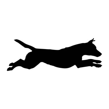 Bir köpeğin siyah silueti orta adımda tasvir edilir, koşuyor ya da zıplıyor gibi görünür. Köpek, beyaz bir arka planda profilde gösteriliyor. Gövdesi uzamış ve bacakları hareket ediyormuş gibi açılmıştır. Kuyruk yukarıda ve kıvrımlıdır.. 