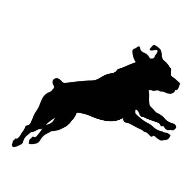 Bir köpeğin siyah silueti orta adımda tasvir edilir, koşuyor ya da zıplıyor gibi görünür. Köpeğin vücudu uzamış, bacakları uzamış ve pençelerini yerden kaldırmış, dinamik bir hareket ve enerji hissi yayıyor. Siluet tam karşımızda. 