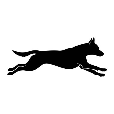 Bir köpeğin siyah silueti orta adımda tasvir edilir, koşuyor ya da sıçrıyor gibi görünür. Köpek, profilden, uzamış gövdesi ve genişlemiş bacaklarıyla gösterilir. Kuyruğu arkasından tutulur ve kulakları öne çevrilir. Siluet...