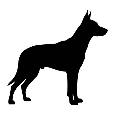 Saf siyah bir köpek silueti, beyaz bir arka plana karşı profil oluşturur. Köpek başı dik, kulakları yukarıya dönük ve kuyruğu dik bir şekilde tasvir edilir. Vücudu zayıf ve kaslı, dört bacağı ve patileri açık. 