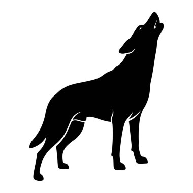 Bir kurdun siyah silueti dört ayağı üzerinde duruyor, başı arkaya eğik ve ağzı bir ulumanın içinde açık. Beyaz arka plandaki katı zıtlık hayvanın biçimini ve duruşunu vurguluyor. Silüet temiz ve biçimlendirilmiş, ince bir çizgiyle.