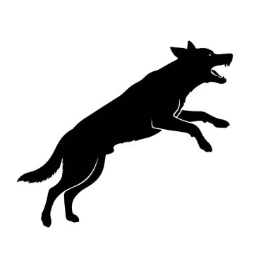 Bir kurdun siyah silueti havada yakalanır, bir hırıltı içinde ağzı açık ileri sıçrar, dişlerini ortaya çıkarır. Kurdun bedeni uzun ve dinamiktir, bacakları bir saldırıda ya da saldırıda olduğu gibi açılır. Kuyruk arkasında duruyor ve ben...