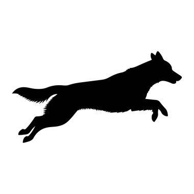Beyaz bir arkaplana karşı sıçrayışta olan siyah bir kurt silueti. Kurt, bedeni açılır ve bacakları açılır ya da hareket halinde açılır. Kuyruğu çalı gibi ve arkasında uzanıyor. Siluet dy 'yi yakalar