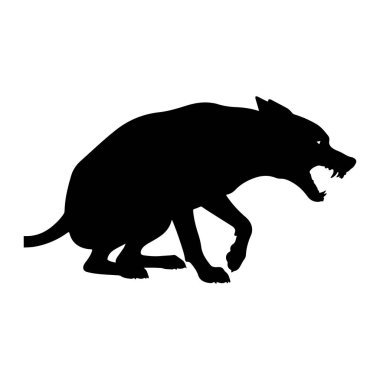 Siyah bir kurt silueti saldırgan ve hırıltılı bir şekilde tasvir edilir. Kurt profilden gösterilir, ağzı açık ve keskin dişleri ortaya çıkar. Vücudu yere yakın, bu da ya saldırmak üzere olduğunu ya da savunma pozisyonunda olduğunu gösteriyor. Şey...