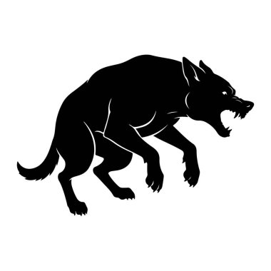 Bir kurdun siyah silueti dinamik ve agresif bir şekilde tasvir edilir. Ağzı bir hırıltıyla açılır, keskin dişler ve sivri dişler ortaya çıkar. Kurt 'un vücudu gergin, ön pençeleri açık ve pençeleri görünürde, yakın bir saldırı ya da savunma olduğunu gösteriyor.