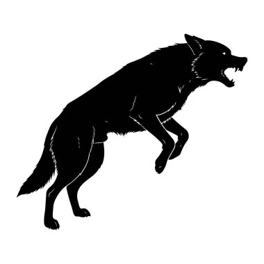 Bir kurdun siyah silueti, sivri dişlerini ortaya çıkararak, ağzı açık bir şekilde orta sıçrayışta resmedilir. Kurdun bedeni açılıdır, arka bacakları aşağıya doğru uzanır ve ön bacakları öne doğru uzanır, saldırgan bir hareket hissi verir. Kürk.