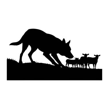 Siyah bir siluet, çoban duruşu içinde bir köpeği tasvir eder, gövdesi yere kadar eğilir ve başı koyun ve kuzulara doğru eğilir. Hayvanlar çimenli bir eğimin üzerinde konumlanmışlar. Köpek sürüye rehberlik ediyor ya da onları kontrol ediyor. Sahne...