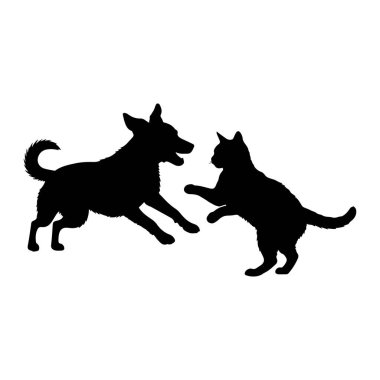 Bir köpek ve bir kedinin siyah silueti beyaz arka planda oyuncu bir etkileşimde tasvir edilir. Köpek sıçrayışın ortasında ağzı açık, heyecanlı görünüyor. Kedi arka ayaklarının üzerinde duruyor, köpeğe doğru uzanıyor. Şekerli pozları.