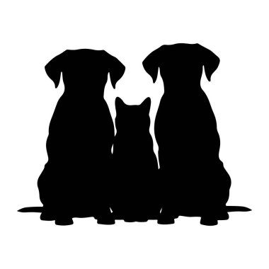 Beyaz arka planda yan yana oturan üç hayvanın siyah silueti. İki dış figür, kulakları yere düşmüş köpekler gibi görünüyor. Diğer ikisinden daha küçük olan merkezi figür bir kediye benziyor. Üç hayvan da tasvir ediliyor.