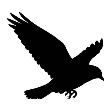 A black silhouette of a bird in mid-flight against a white background. The bird's wings are spread wide, with individual feathers clearly defined. Its talons are extended downwards, suggesting it is either hunting or landing. The overall impression i