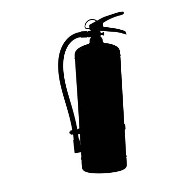 A black silhouette of a fire extinguisher stands against a plain white background. The extinguisher has a cylindrical body, a curved hose, and a lever-operated handle mechanism at the top. The overall shape is clearly defined, highlighting the essent