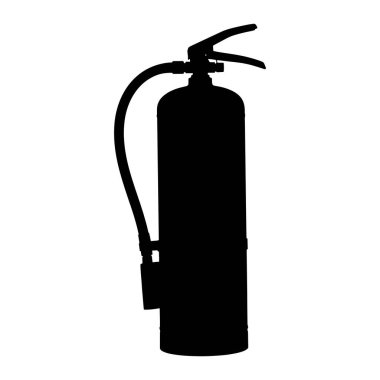 A black silhouette of a fire extinguisher stands against a stark white background. The extinguisher features a cylindrical tank, a hose, and a lever-operated nozzle, all rendered in a solid black outline. The clean, graphic style emphasizes the form 