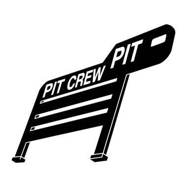 A black graphic illustration of pit crew equipment is shown against a white background. The object has a stylized, angular design with the words 