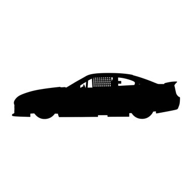 A black silhouette of a race car is depicted against a white background. The car is a coupe with a prominent rear spoiler. The side window features a checkered pattern, suggesting a racing cage or safety net. The overall image is a clean, graphic rep
