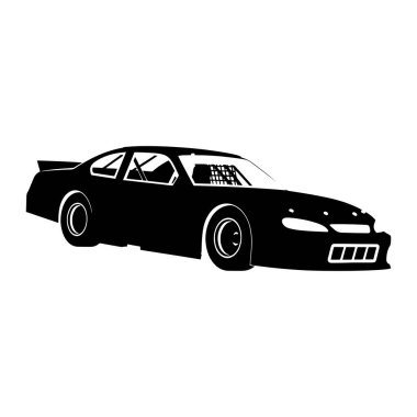 A black silhouette of a racing car is depicted against a white background. The car features a spoiler on the rear, distinctive racing wheels, and a visible roll cage inside the windows. The front of the car shows headlights and a grill.