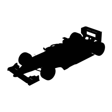 A stark black silhouette of a modern racing car is presented against a clean white background. The image captures the distinctive aerodynamic shape, including the prominent rear spoiler, low profile body, and four wheels. The silhouette emphasizes th