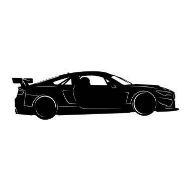 A black silhouette of a modern racing sports car is depicted against a white background. The car is shown in profile view with its driver visible inside, wearing a helmet. The door is open, revealing the interior. Prominent features include a large r