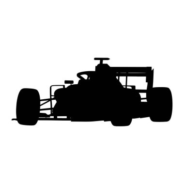 A black silhouette of a single-seater racing car is depicted against a plain white background. The image captures the aerodynamic form of the vehicle, including its large rear spoiler, front wing elements, and prominent wheels with tires. The outline