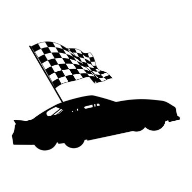 A black silhouette of a racing car is depicted, angled upwards as if in motion. A black and white checkered flag is waving from the car, suggesting a race or victory. The background is plain white.