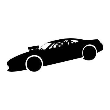 A black silhouette of a racing car is depicted against a white background. The car features a prominent supercharger mounted on the hood, large wheels, and a sleek, aerodynamic profile. The interior shows a roll cage and a driver's seat. The overall 