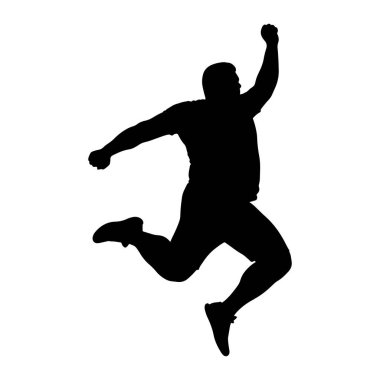 A black silhouette of a person in mid-air, captured in a dynamic jumping pose. The figure is depicted against a stark white background, emphasizing the outline and movement. One arm is raised upwards with a clenched fist, while the other arm is exten
