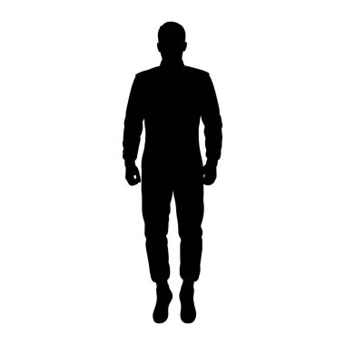 A black silhouette of a man stands facing forward against a white background. He is wearing a uniform with a collar and long sleeves, and his pants are tucked into boots. The figure is a solid black shape with no discernible features.