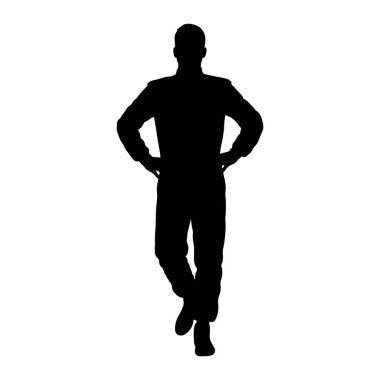A black silhouette of a man stands against a white background. He is wearing a uniform with long sleeves and pants. His hands are placed on his hips, and he is looking forward. The silhouette is sharp and clear, with no visible details other than the
