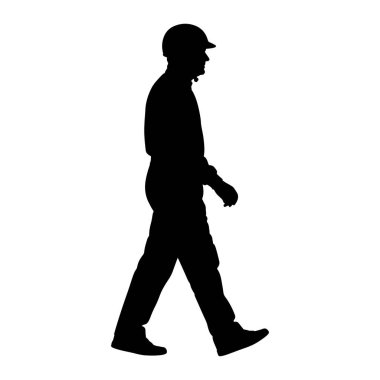 A black silhouette of a man in profile is depicted walking from left to right against a plain white background. He is wearing a hard hat, a long-sleeved shirt or jacket, pants, and shoes. His left arm is bent at the elbow, and his right arm is extend