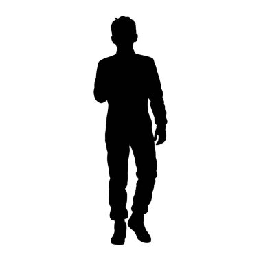 A black silhouette of a man standing against a white background. He is wearing a long-sleeved shirt and pants, with shoes on his feet. The silhouette is a solid black shape, with no discernible features other than the outline of his body and clothing