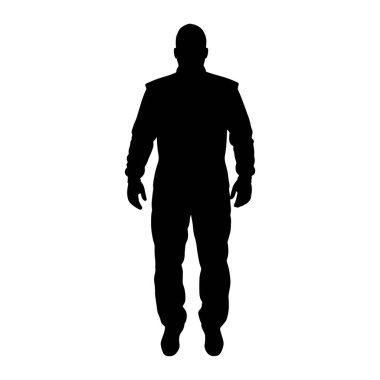 A black silhouette of a person standing against a white background. The person is wearing a full-body suit with long sleeves and pants, and gloves on their hands. The outline suggests a racing suit or similar protective attire.