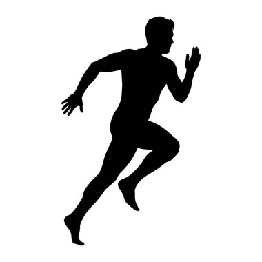 A black silhouette of a male athlete in mid-stride, captured in a dynamic running pose against a stark white background. The figure is depicted with muscular definition, conveying a sense of speed and power. The arms are positioned for momentum, and 
