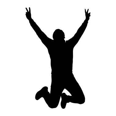 A black silhouette of a person is captured mid-air, jumping with their arms raised above their head. Both hands are extended upwards, with the index and middle fingers of each hand forming a V-shape, symbolizing victory or peace. The person's legs ar