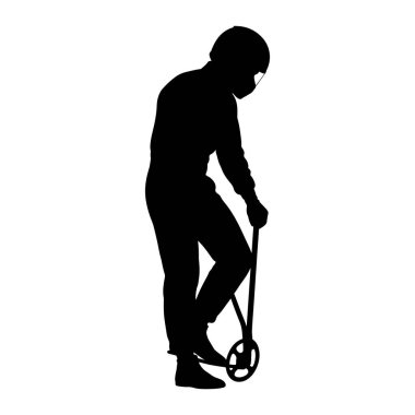 A black silhouette of a person wearing a helmet and a full racing suit is depicted in profile, leaning forward as they ride a scooter. The person's left foot is on the scooter's deck, and their right foot is positioned to push off. The scooter has a 
