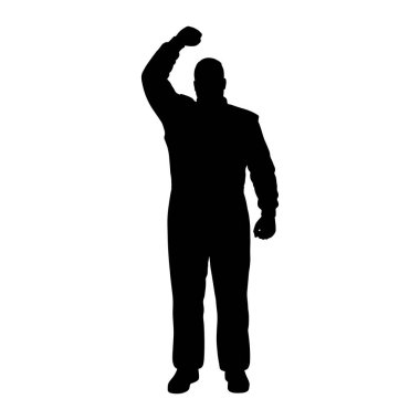 A black silhouette of a person stands with their right arm raised and fist clenched, symbolizing victory or determination. The figure is wearing what appears to be a full-body suit, possibly a racing suit or uniform, and is depicted against a plain w