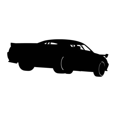 A solid black silhouette of a sports car coupe is depicted against a white background. The vehicle features a prominent rear spoiler, sleek lines, and visible wheels with subtle rim details. The overall impression is one of speed and performance.