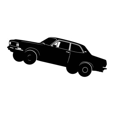 A black silhouette of a vintage sedan is depicted in motion against a white background. The car is angled, suggesting movement, with its front end slightly elevated. Visible details include the headlights, grille, windows, doors, and wheels, all rend