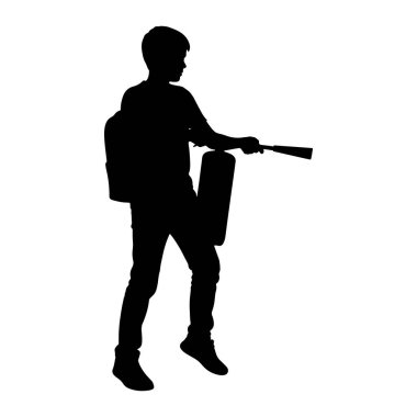 A black silhouette of a young boy stands facing left, holding a cricket bat in his right hand and a cricket ball in his left. He is wearing a backpack and appears to be in motion, possibly playing or practicing cricket. The background is plain white.