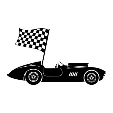 A black silhouette of a vintage convertible race car is depicted against a white background. A checkered flag is prominently displayed, attached to a pole extending from the car. The car features classic lines, visible wheels with detailed rims, a st